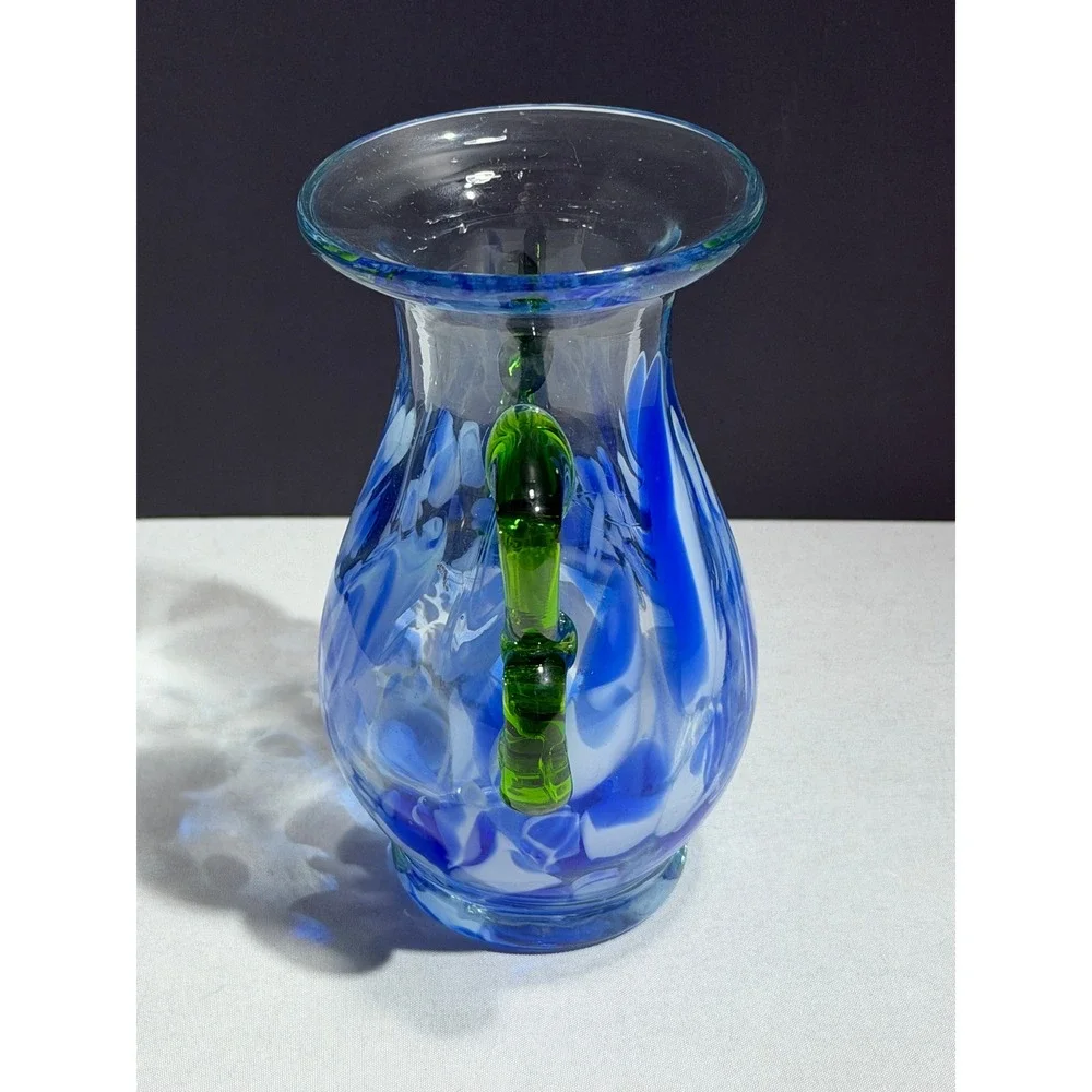 Pier 1 Imports Blue white Swirl Hand Blown Glass Vase with Green Handles